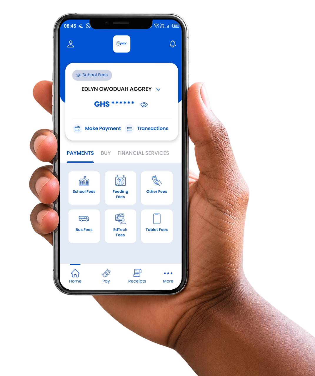 Edlege Pay Mobile App interface for parents